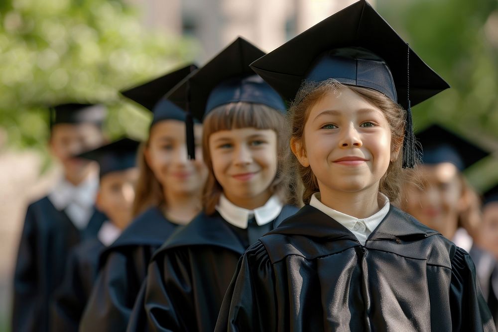 Kids wearing graduation gown and hat student adult intelligence.