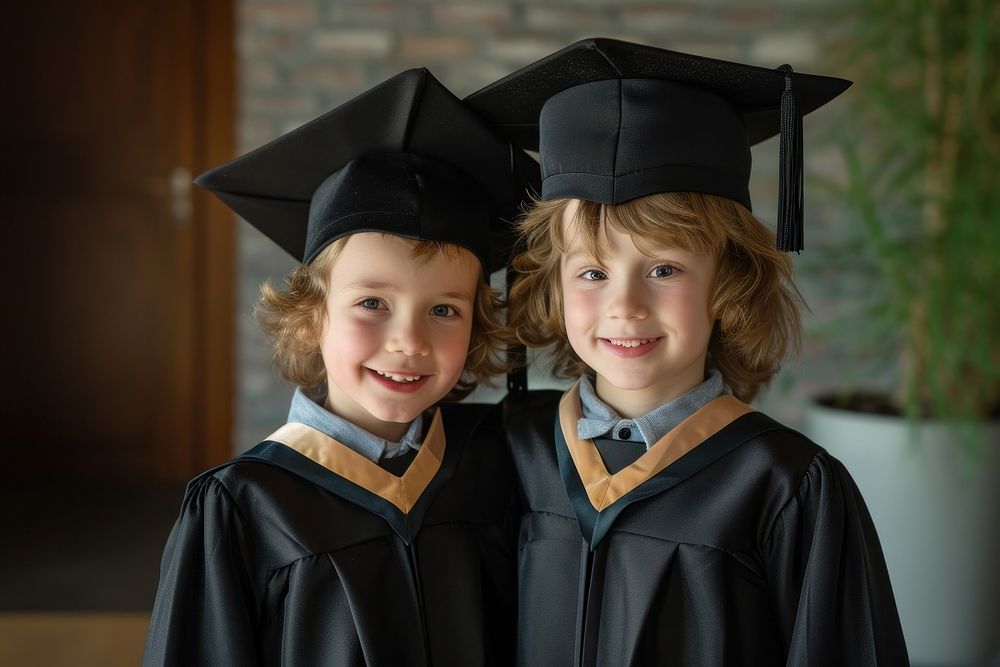 Kids wearing graduation gown and hat portrait intelligence togetherness.