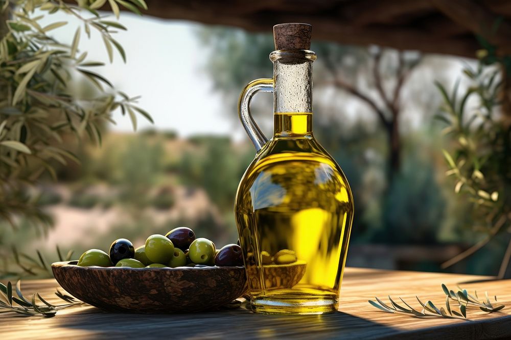 Greek olive oil bottle table food.