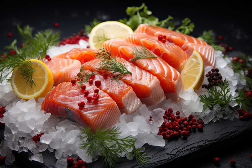 Frozen seafood salmon fruit vegetable. AI generated Image by rawpixel.