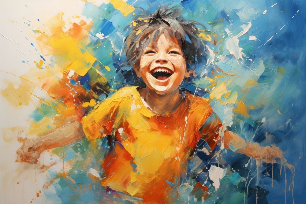 Happy child painting abstract laughing.