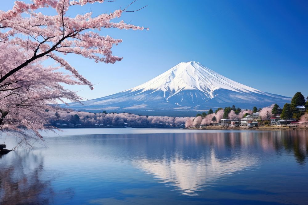 Fuji mountain lake landscape outdoors.