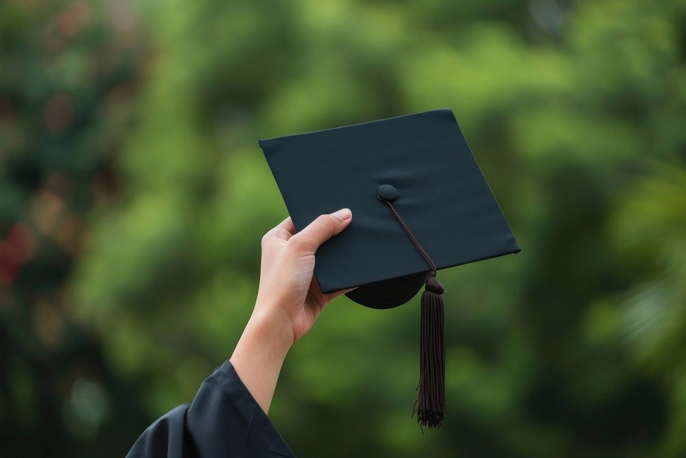 Graduation cap student holding hand.