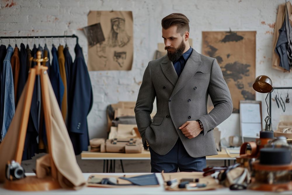 Male fashion designer coat concentration entrepreneur.