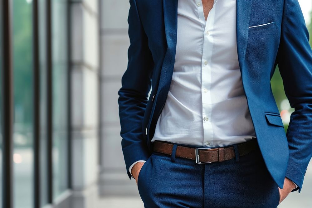 Male in a casual suit blazer jacket belt.