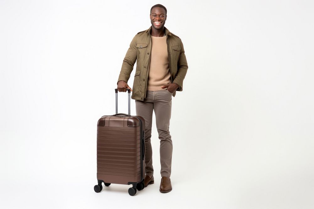 Male with suitcase luggage adult coat.