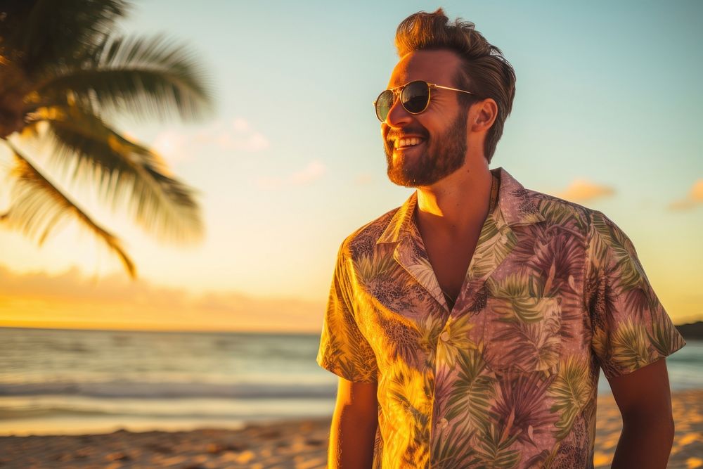 Man with hawaiian shirt sunglasses portrait nature.