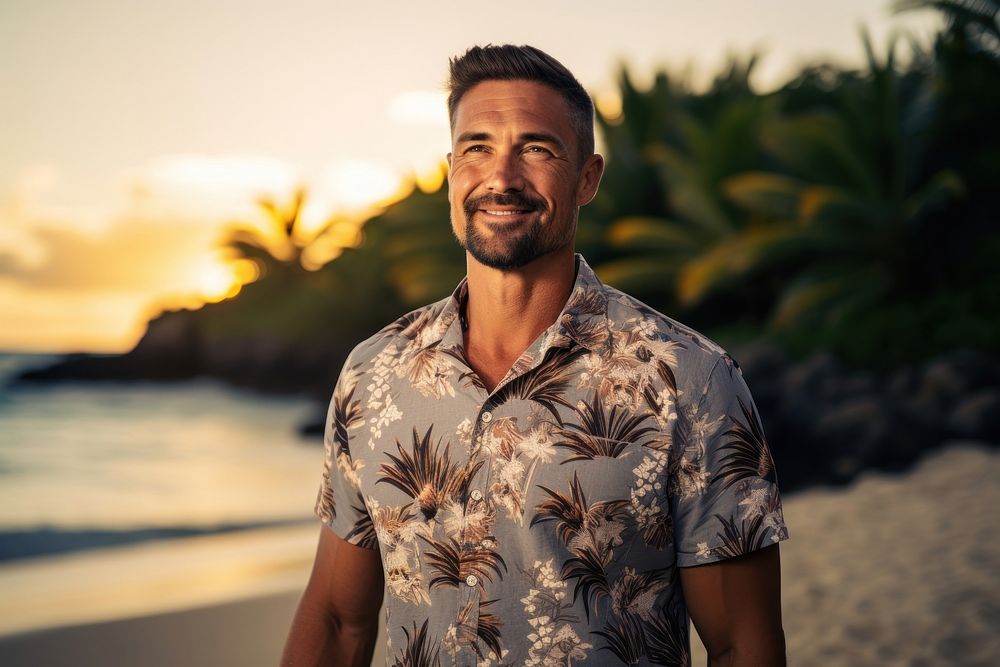 Man with hawaiian shirt nature beach smile.
