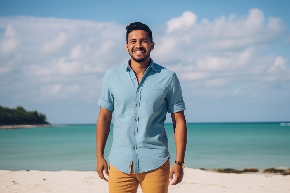 Man with plain color shirt beach adult tranquility.