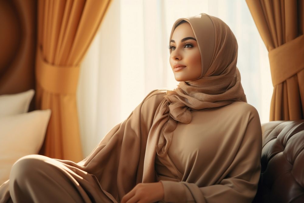 Sitting hijab adult woman.