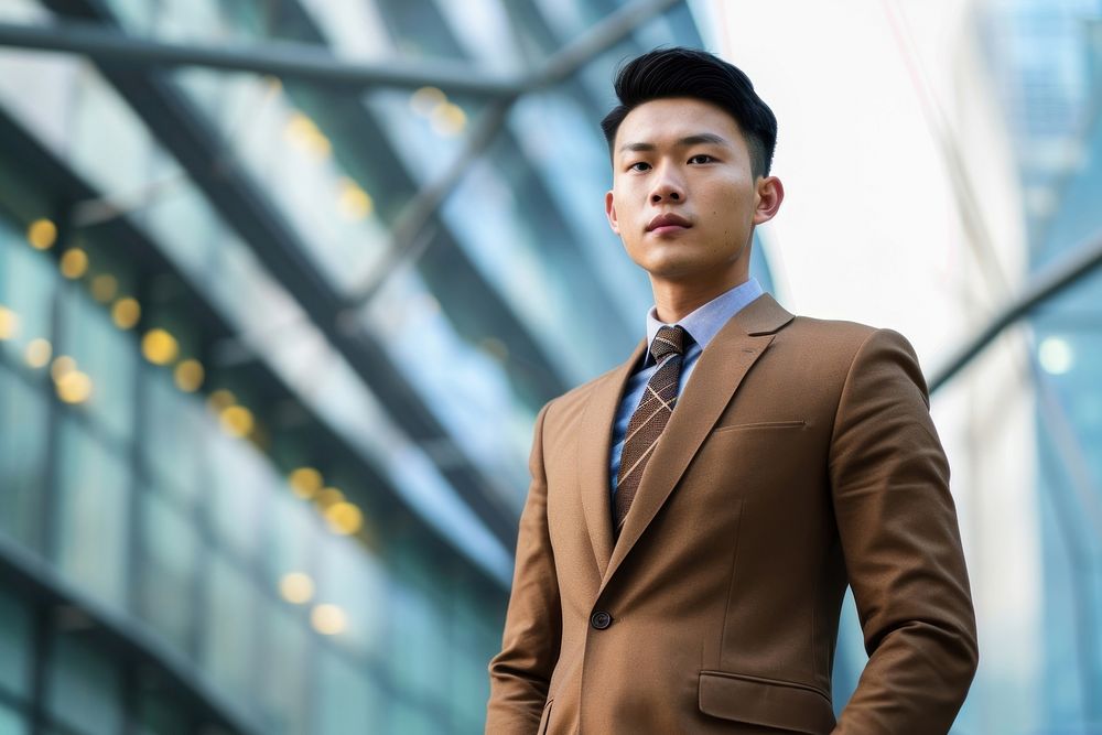 Asian businessman in a brown suit blazer adult coat.