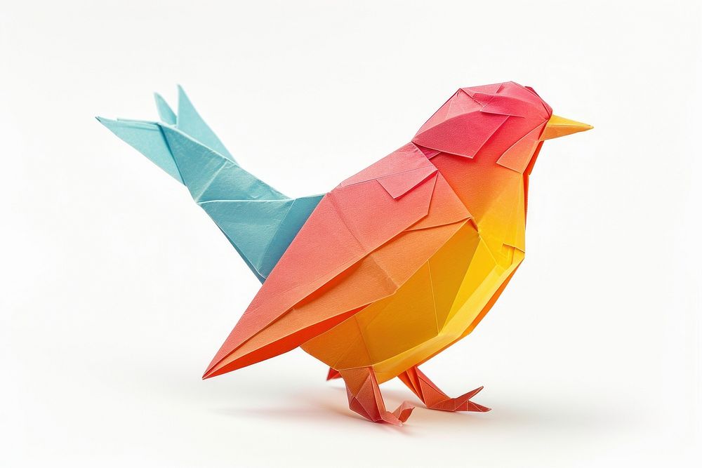 A colorful bird origami paper art white background.