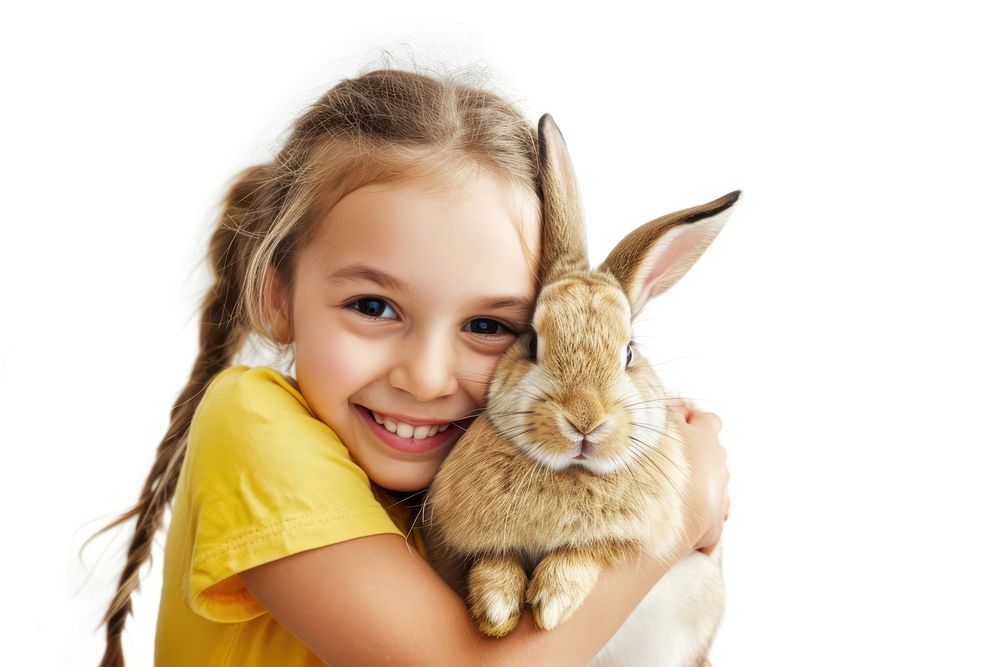 A farm girl hugging a rabbit portrait animal mammal.