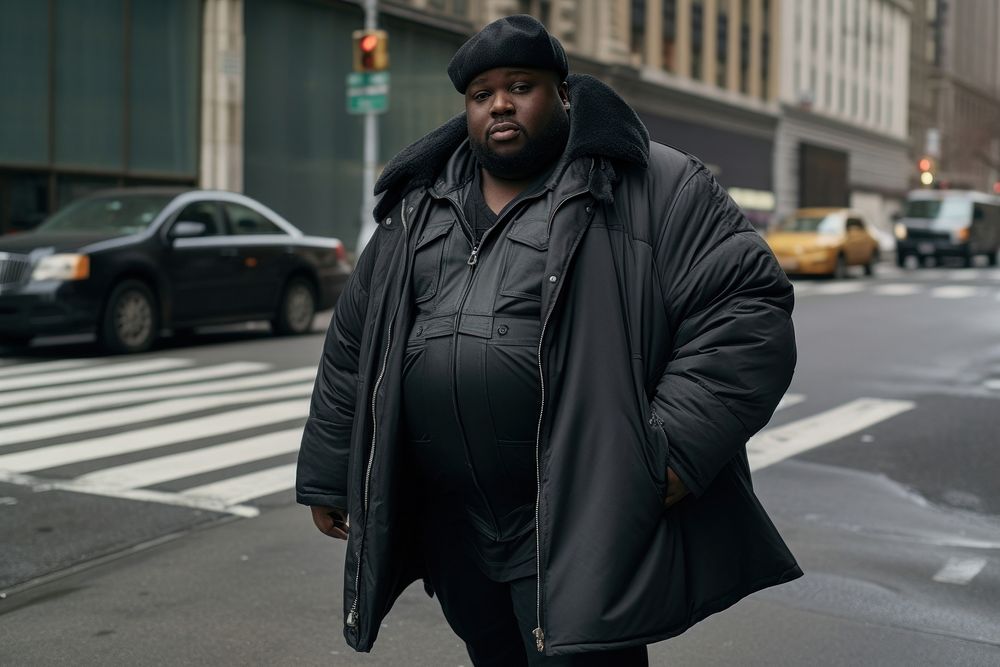Fat black man fashion jacket street coat.