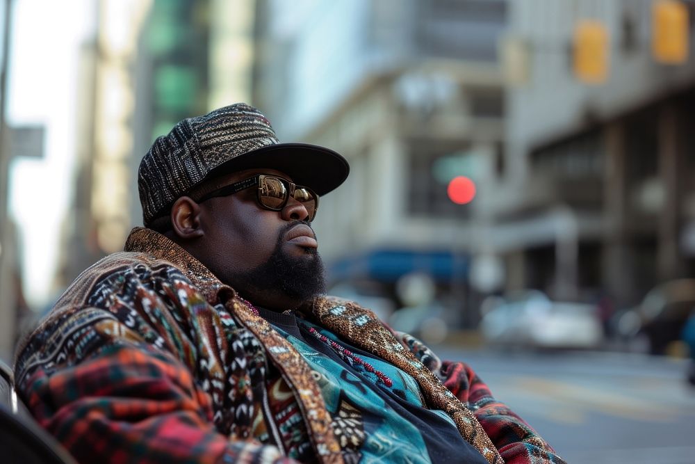 Fat black rapper sunglasses portrait street.
