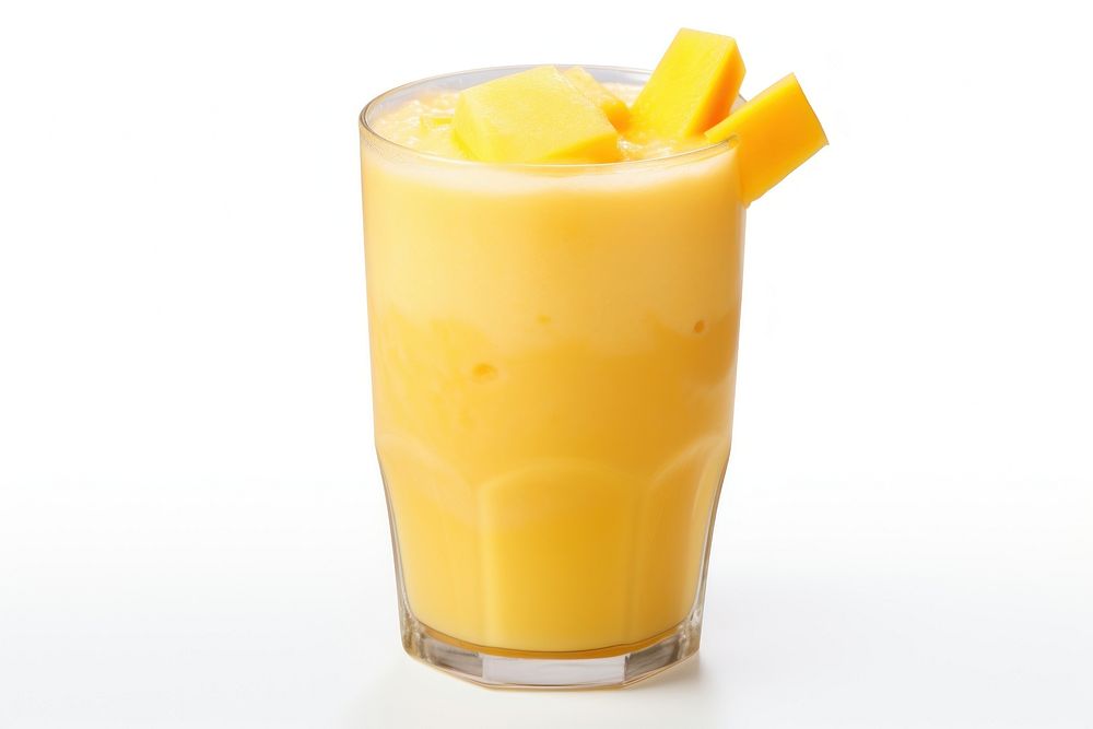 A glass of mango smoothie juice drink white background.