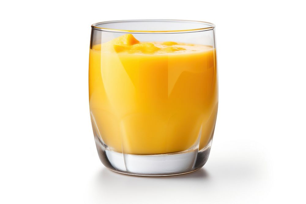 A glass of mango smoothie juice drink white background.