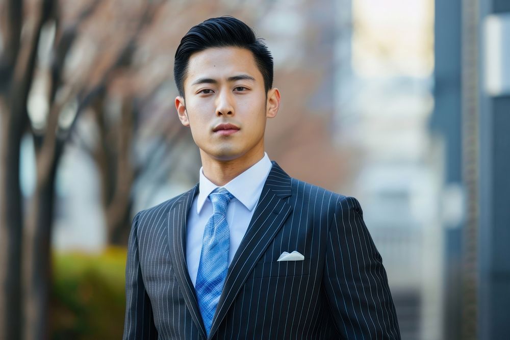 Asian man pinstripe suit adult tie architecture.