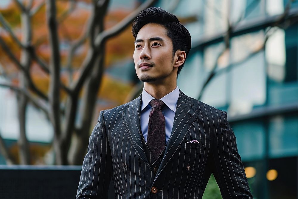Asian man pinstripe suit blazer adult architecture.