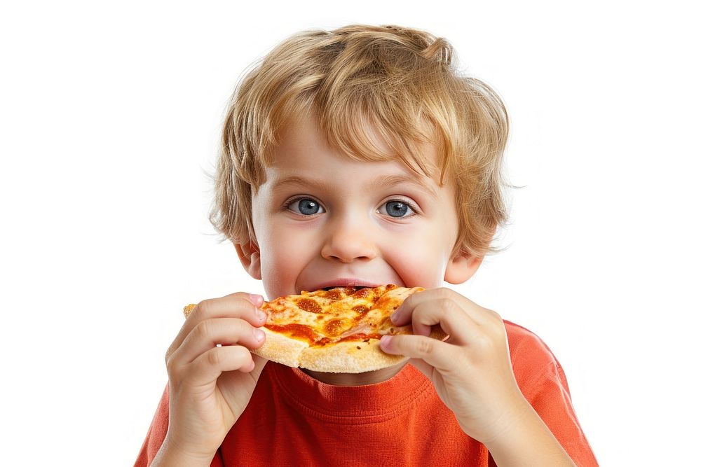 Kid eating pizza biting food baby.