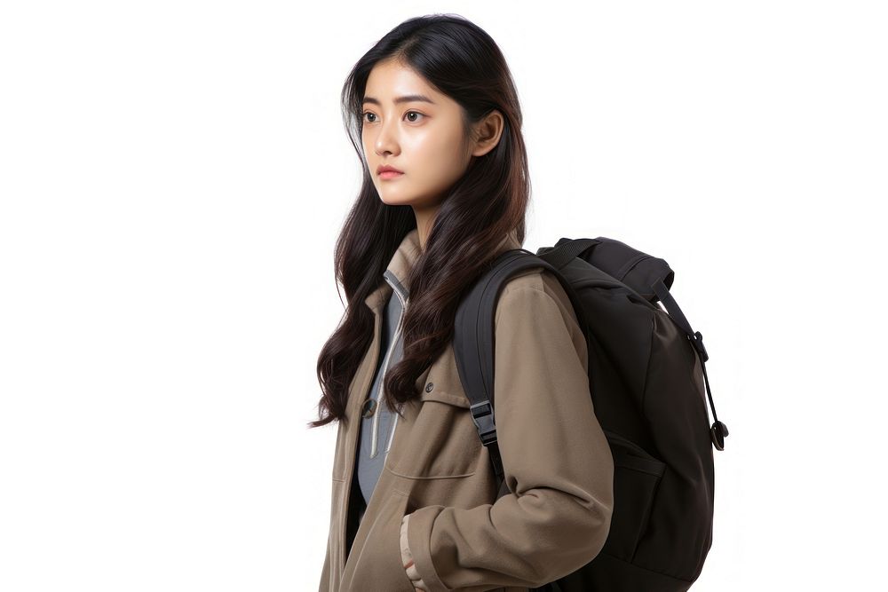 A Korean female college student with backpack jacket adult bag.