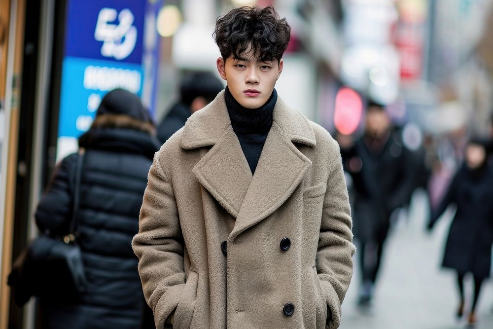 Korean men style overcoat portrait street.