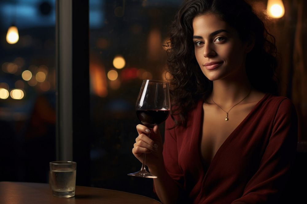 Lebanese woman drinking red wine at a restaurant glass table adult.