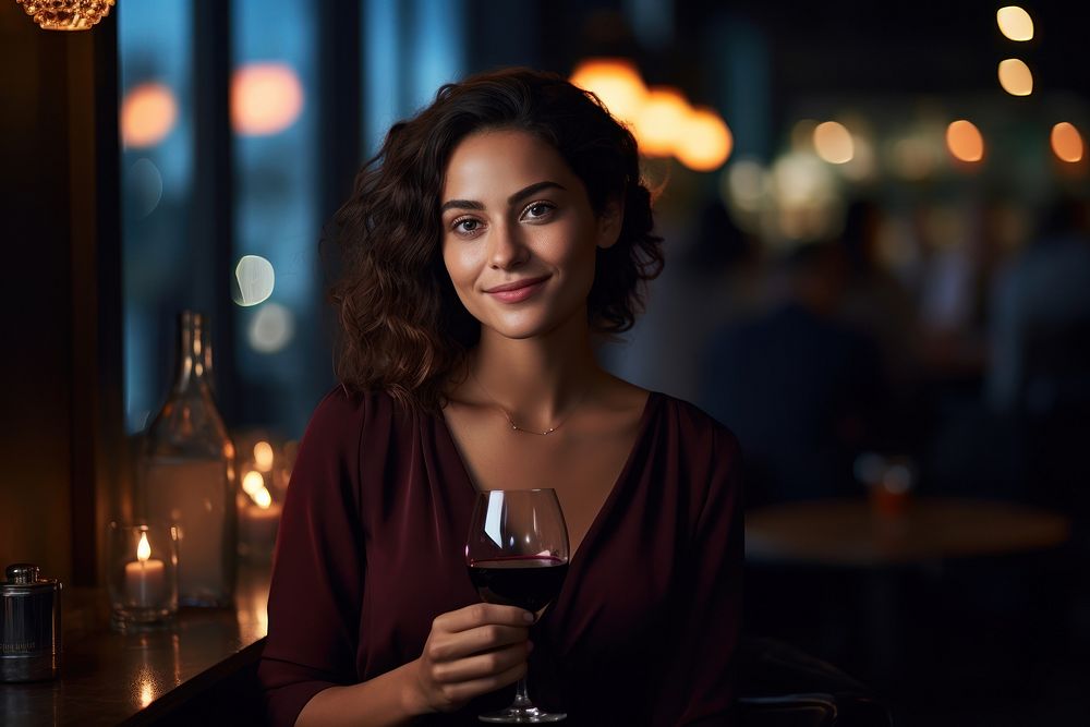Lebanese woman drinking red wine at a restaurant adult illuminated refreshment.