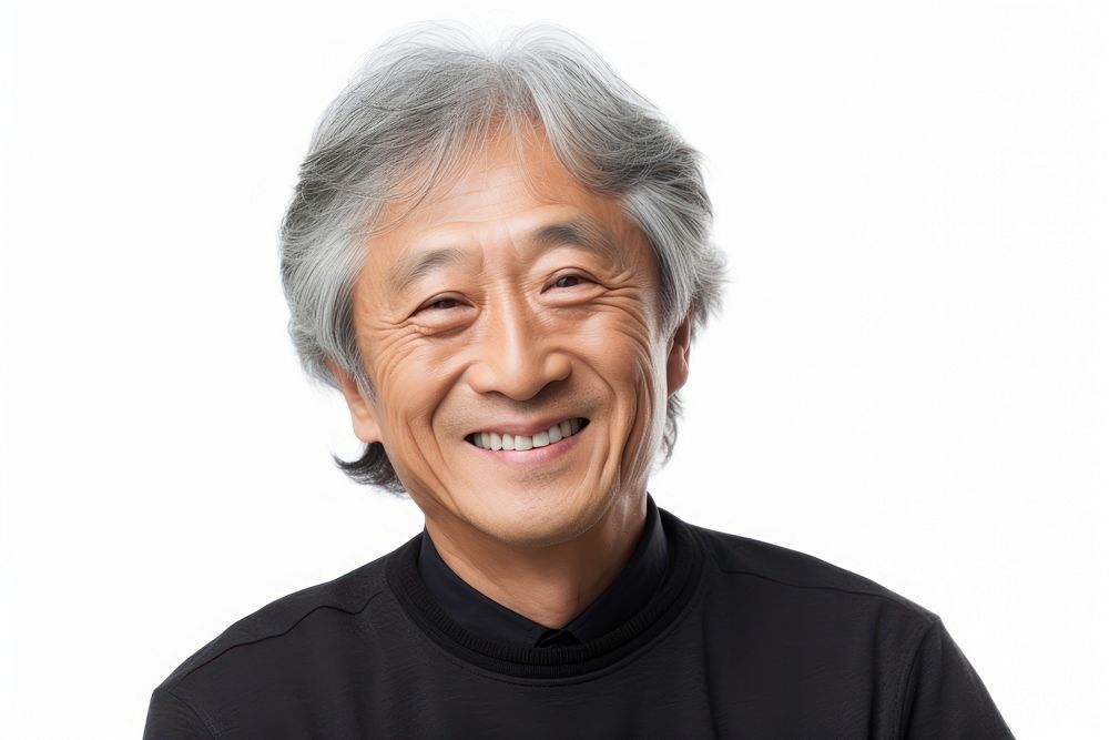 A senior Korean man smiling adult smile white background.