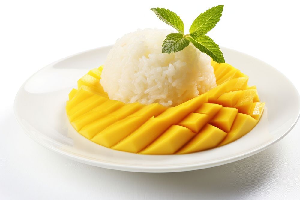 A Thai mango and coconut sticky rice dessert fruit plate.
