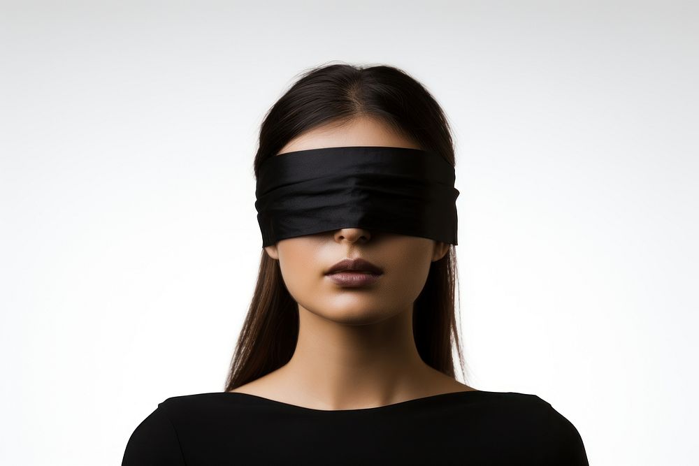 Woman blindfolded adult black white background.
