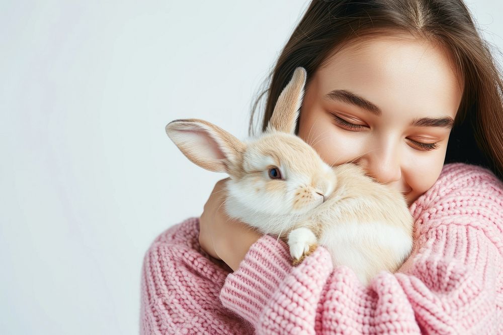 A woman hugging a rabbit animal mammal adult.