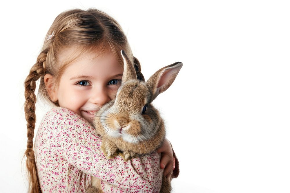 A young girl hugging a rabbit portrait mammal animal.
