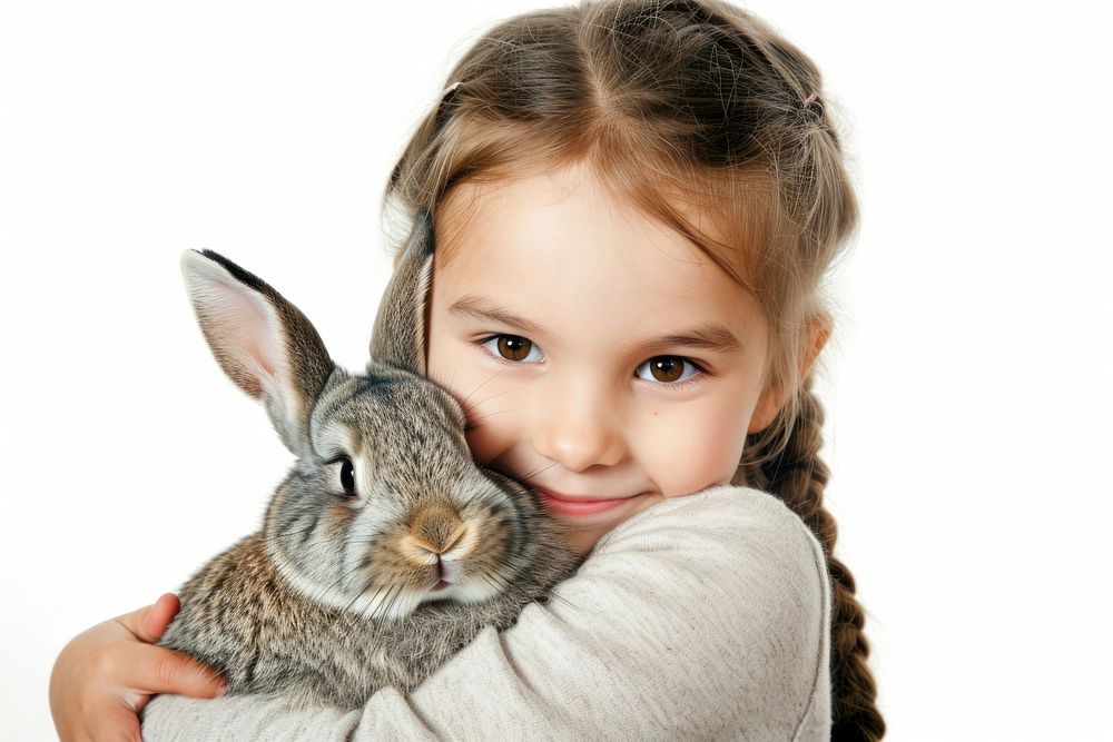 A young girl hugging a rabbit portrait animal mammal.