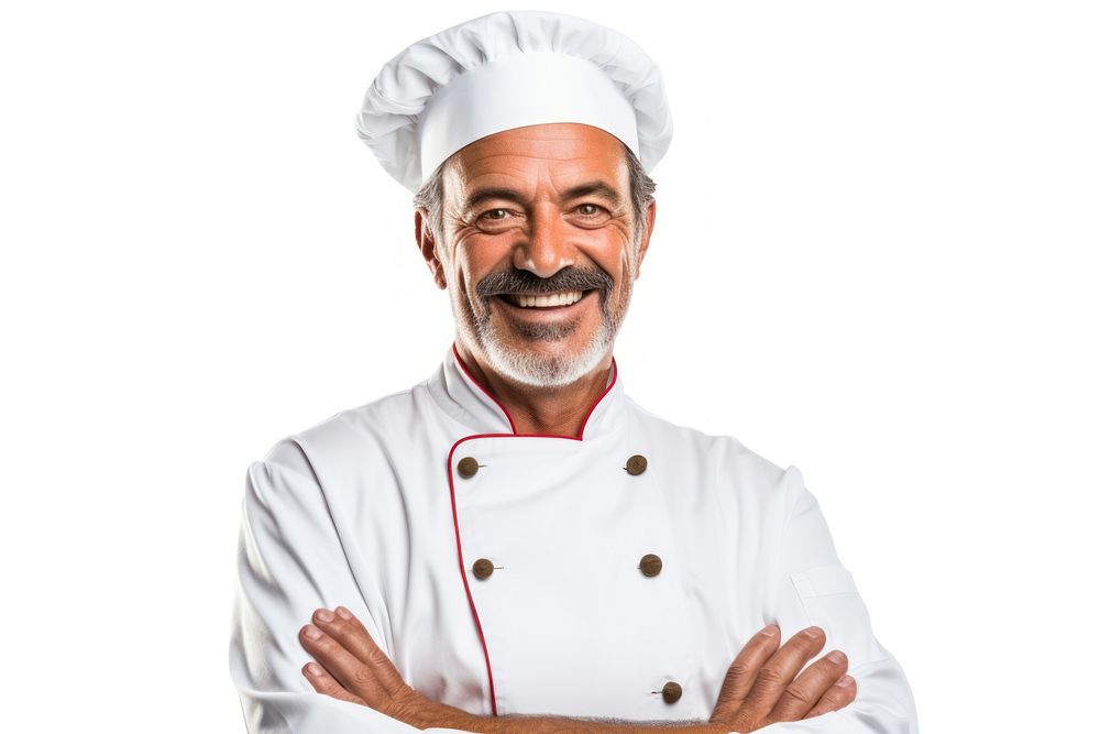 An Italian chef smiling adult white background protection.