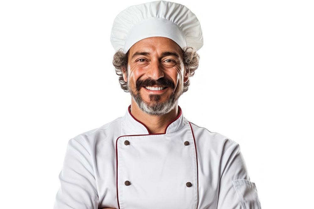 An Italian chef smiling adult white background protection.