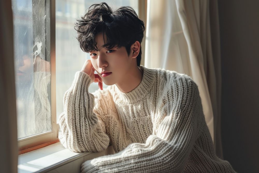 Korean male sweater worried adult.
