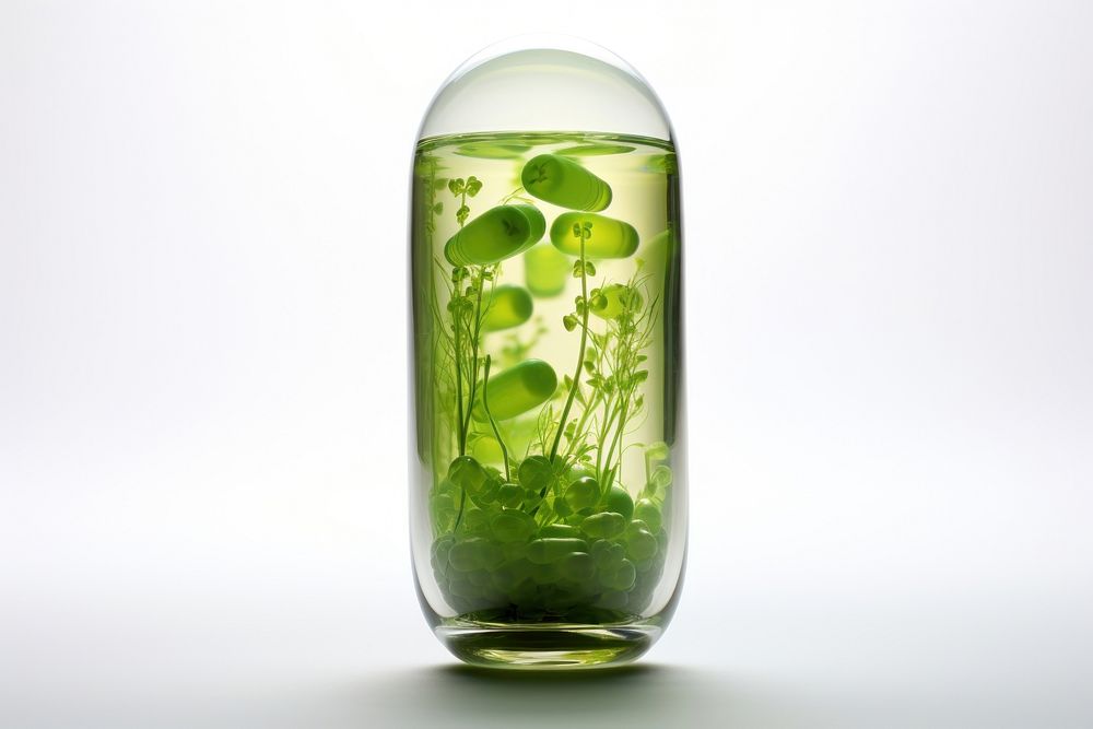 Surreal gel capsule filled with green vergetables mojito glass drink. AI generated Image by rawpixel.