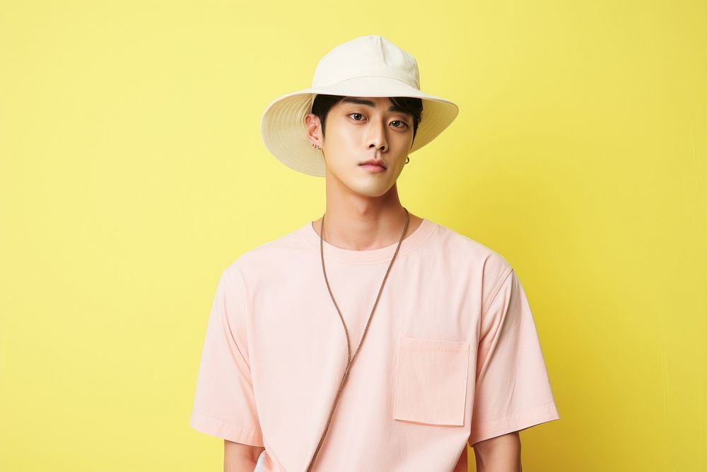 Korean men wear pastel fashionable portrait studio shot accessories.