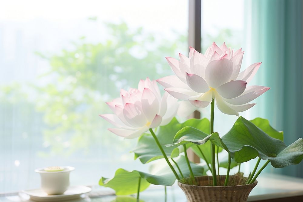Lotus windowsill blossom flower. AI generated Image by rawpixel.
