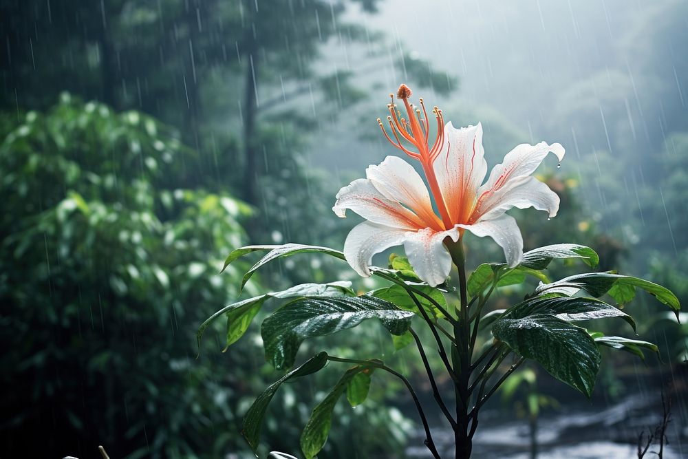 White fog forest background tropical flower outdoors blossom. AI generated Image by rawpixel.