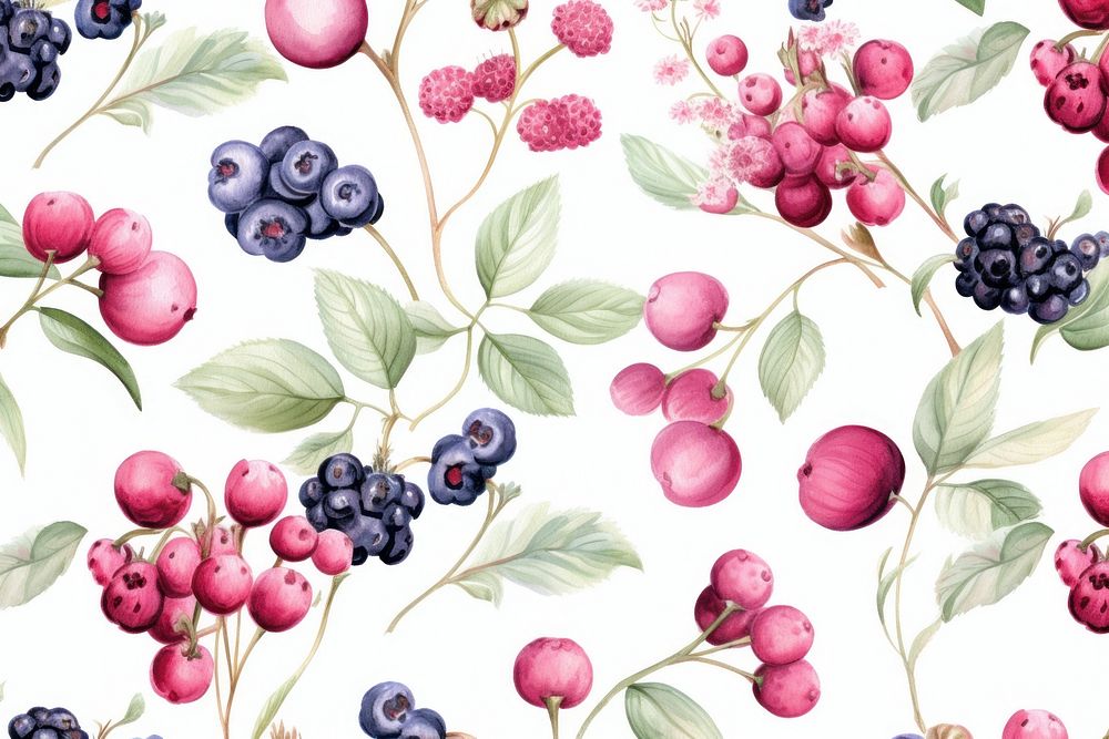  Watercolor Seamless flowers pattern wild berries Vector background texture backgrounds blueberry. AI generated Image by…