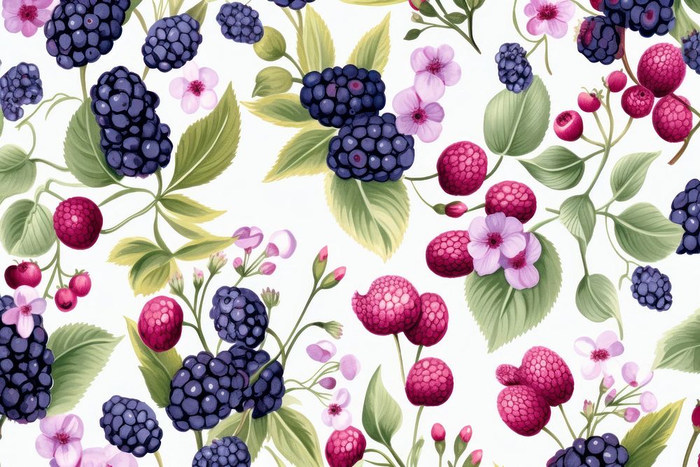  Watercolor Seamless flowers pattern wild berries Vector background texture backgrounds blackberry. AI generated Image by…