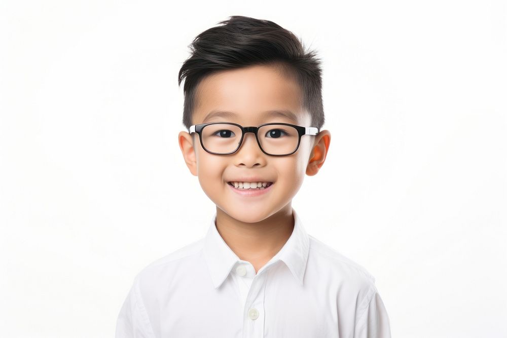 Singaporean kid portrait glasses smile.