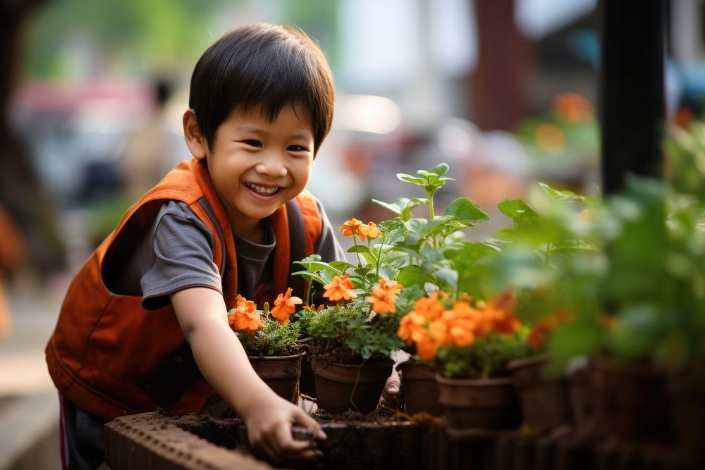 Thai kid plant gardening portrait.