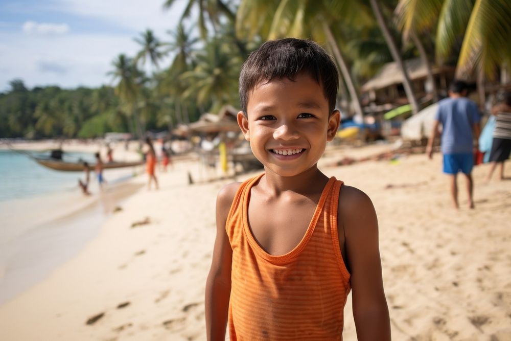 Thai kid beach portrait outdoors.