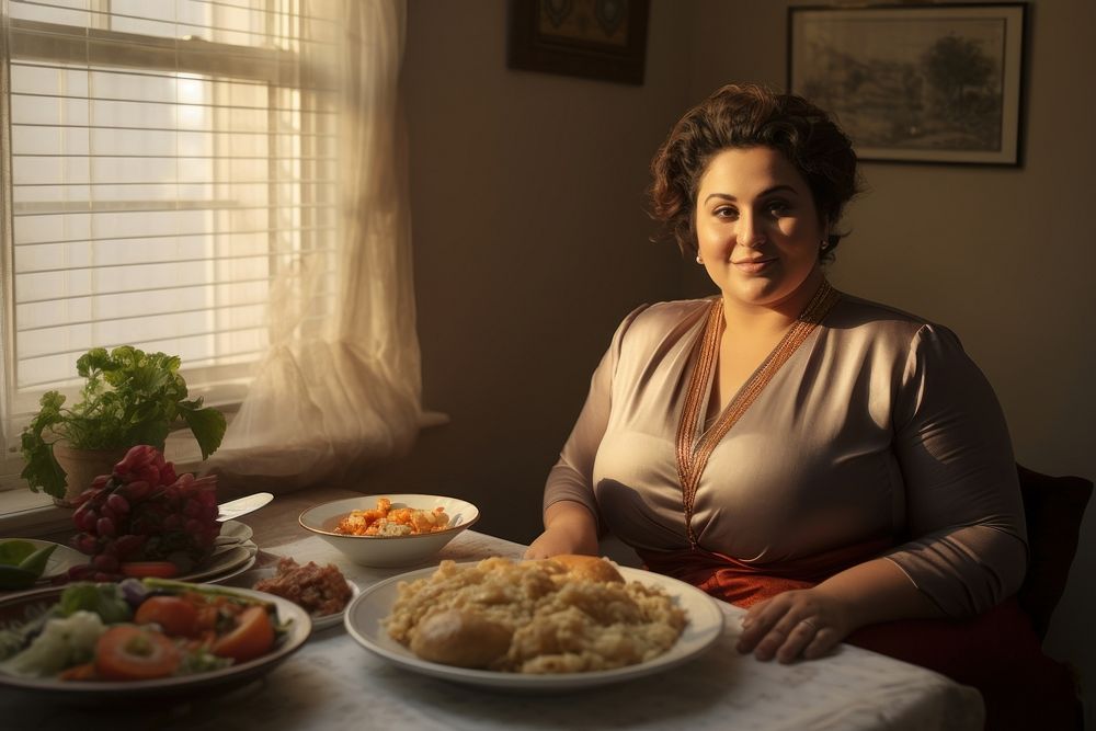 Chubby Iranian woman having dinner with her family portrait bread lunch.