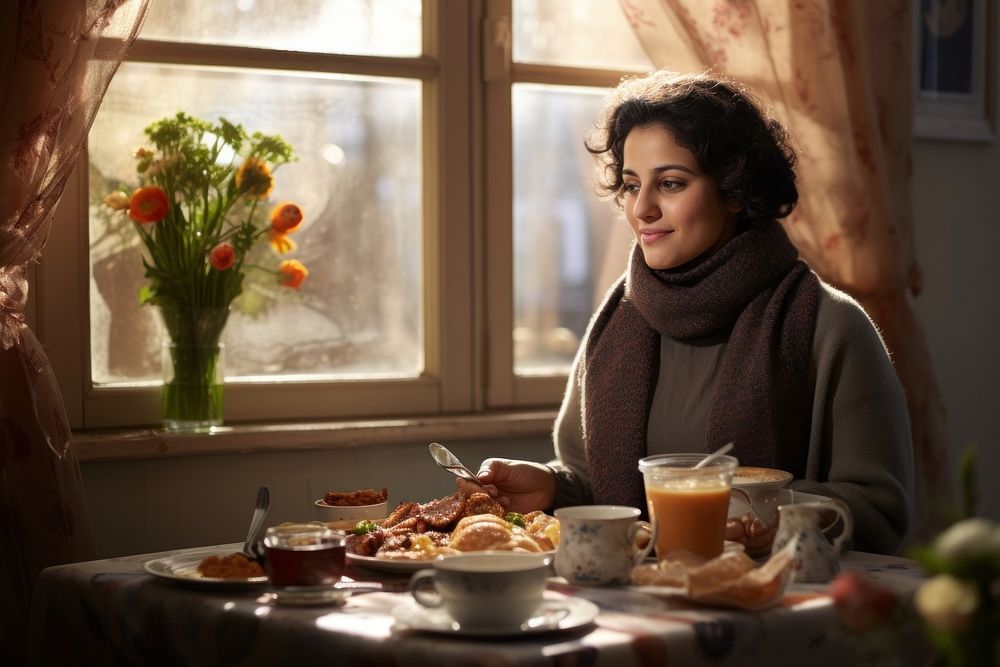 Chubby Iranian woman having dinner with her family bread adult food.