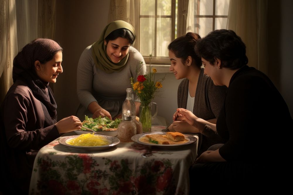 Chubby Iranian woman having dinner with her family adult table plate.
