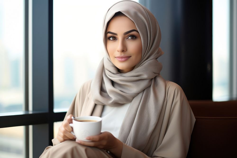 Coffee sitting holding hijab.